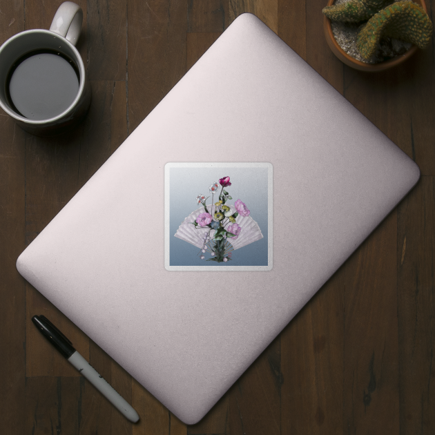 Pale pink watercolor peonies with a folding fan by cuisinecat